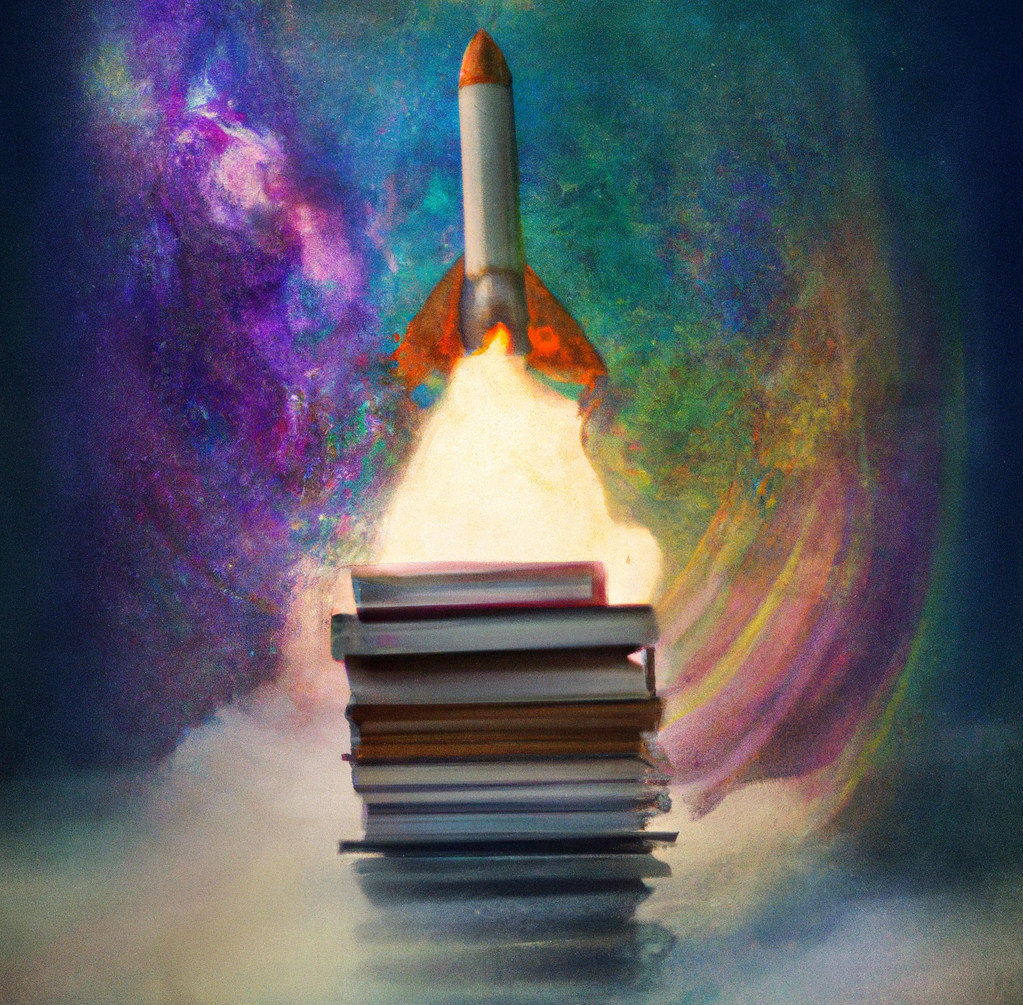 A dreamlike digital artwork of the Ariane rocket taking off from a heap of books